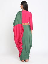 Silk Green Pink Ruffled Ready Pleated Saree - trueBrowns