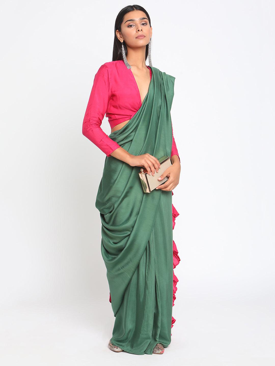 Silk Green Pink Ruffled Ready Pleated Saree - trueBrowns