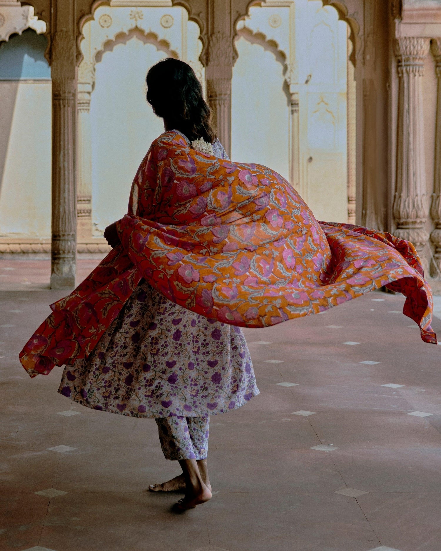Orange Hand Block Printed Silk Dupatta - trueBrowns