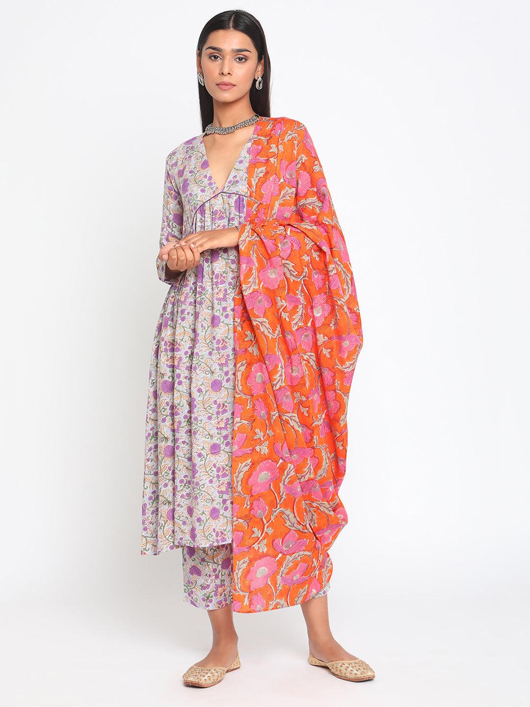Orange Hand Block Printed Silk Dupatta - trueBrowns