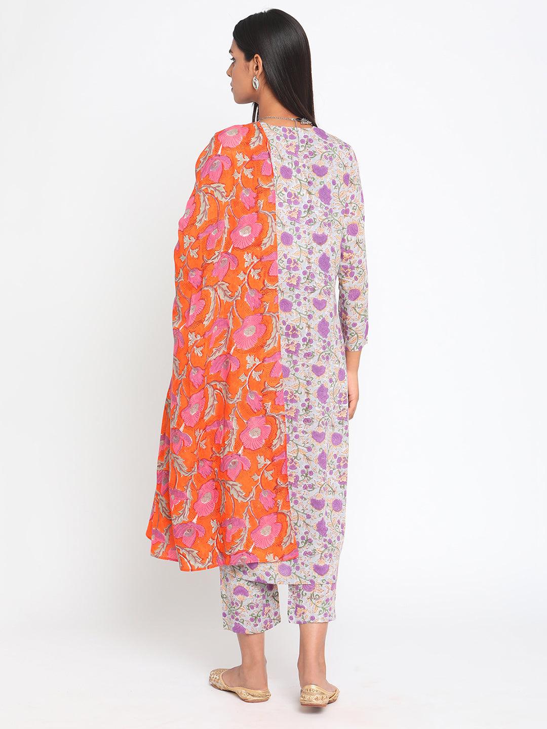 Orange Hand Block Printed Silk Dupatta - trueBrowns