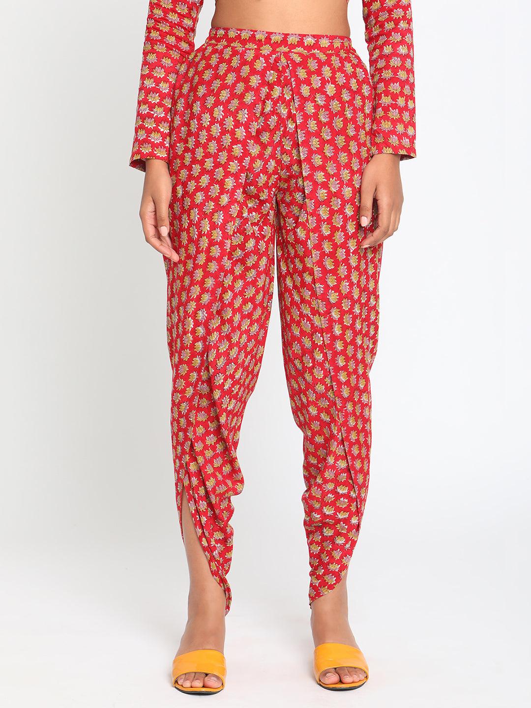 Red Hand Block Printed Silk Dhoti Pant - trueBrowns