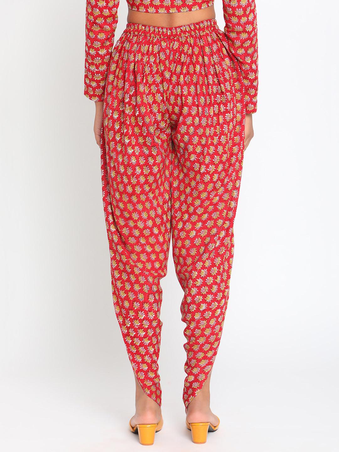 Red Hand Block Printed Silk Dhoti Pant - trueBrowns