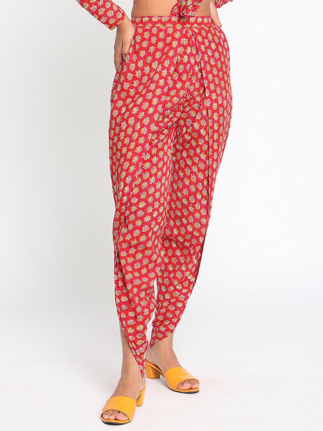 Red Hand Block Printed Silk Dhoti Pant - trueBrowns