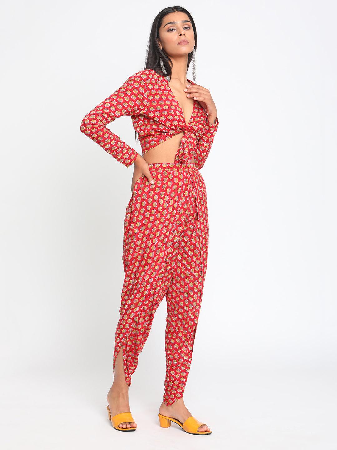 Red Hand Block Printed Silk Dhoti Pant - trueBrowns
