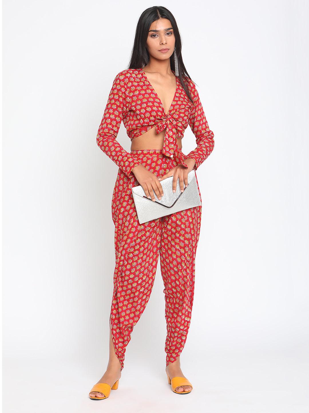 Red Hand Block Printed Silk Dhoti Pant - trueBrowns