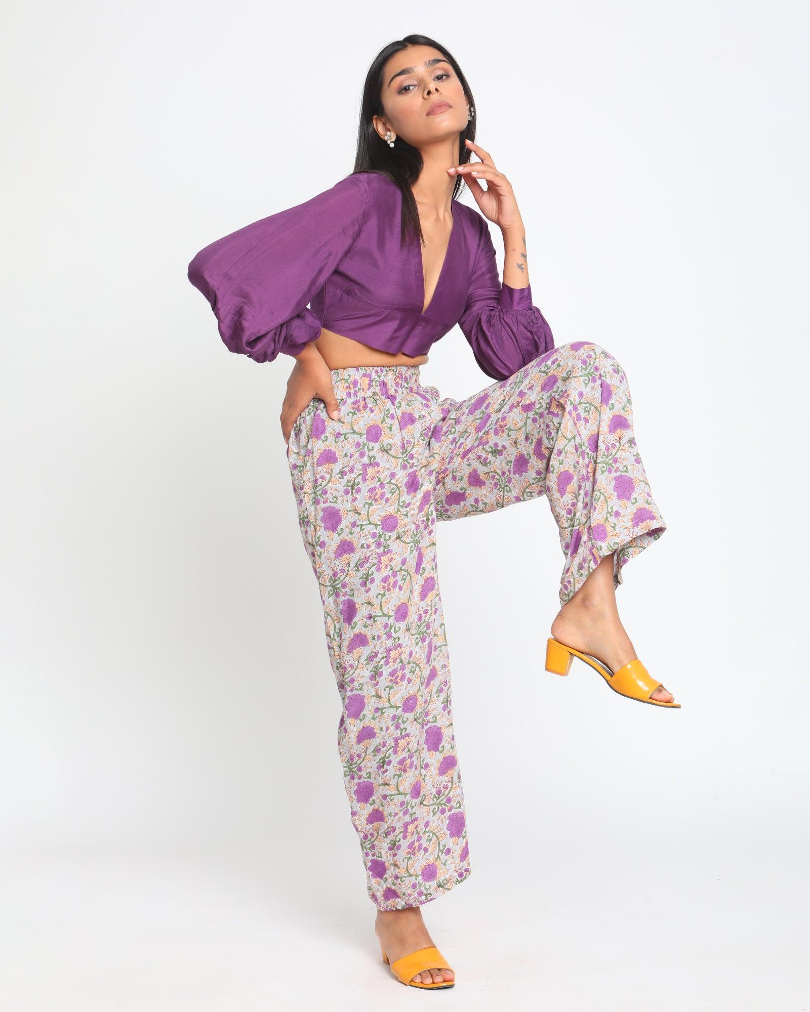 Purple Hand Block Printed High Waist Pant - trueBrowns
