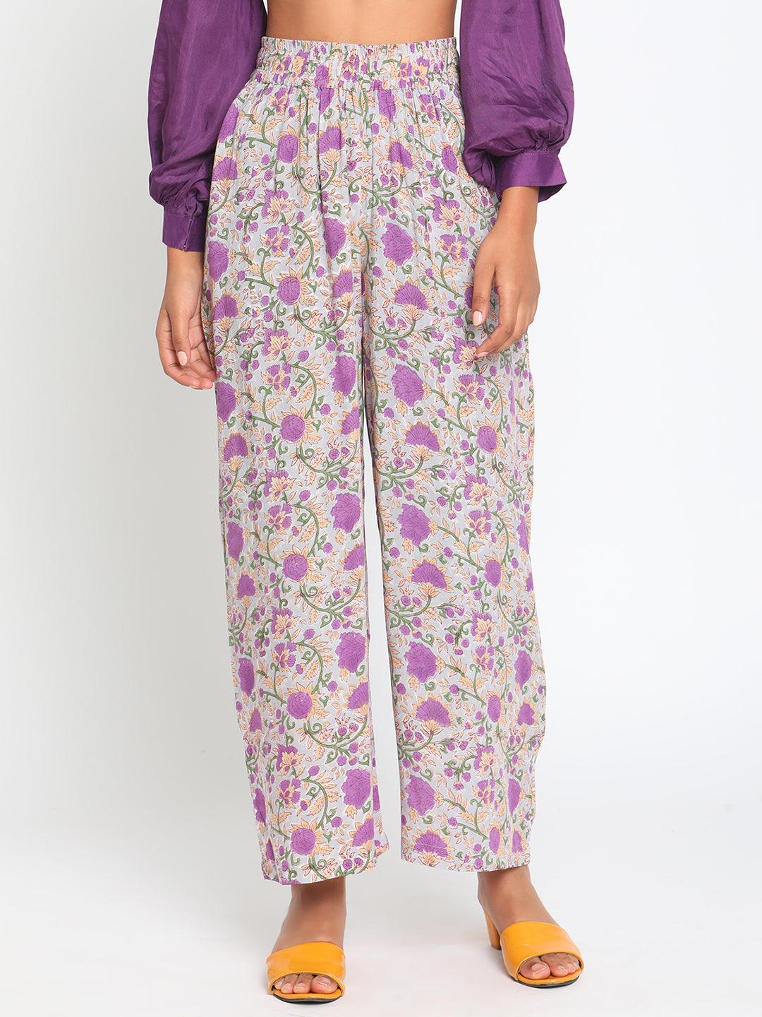 Purple Hand Block Printed High Waist Pant - trueBrowns