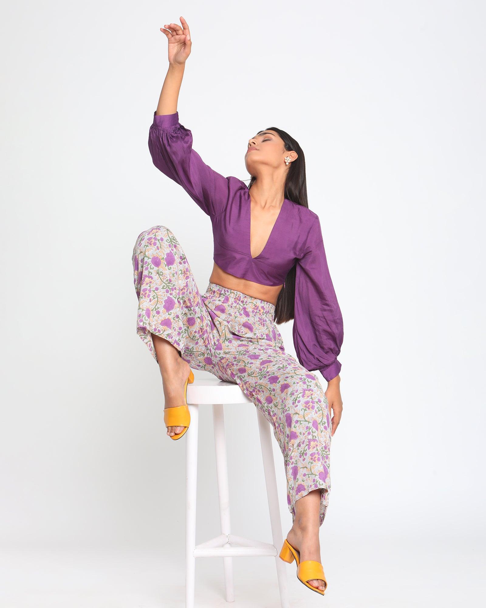 Purple Hand Block Printed High Waist Pant - trueBrowns