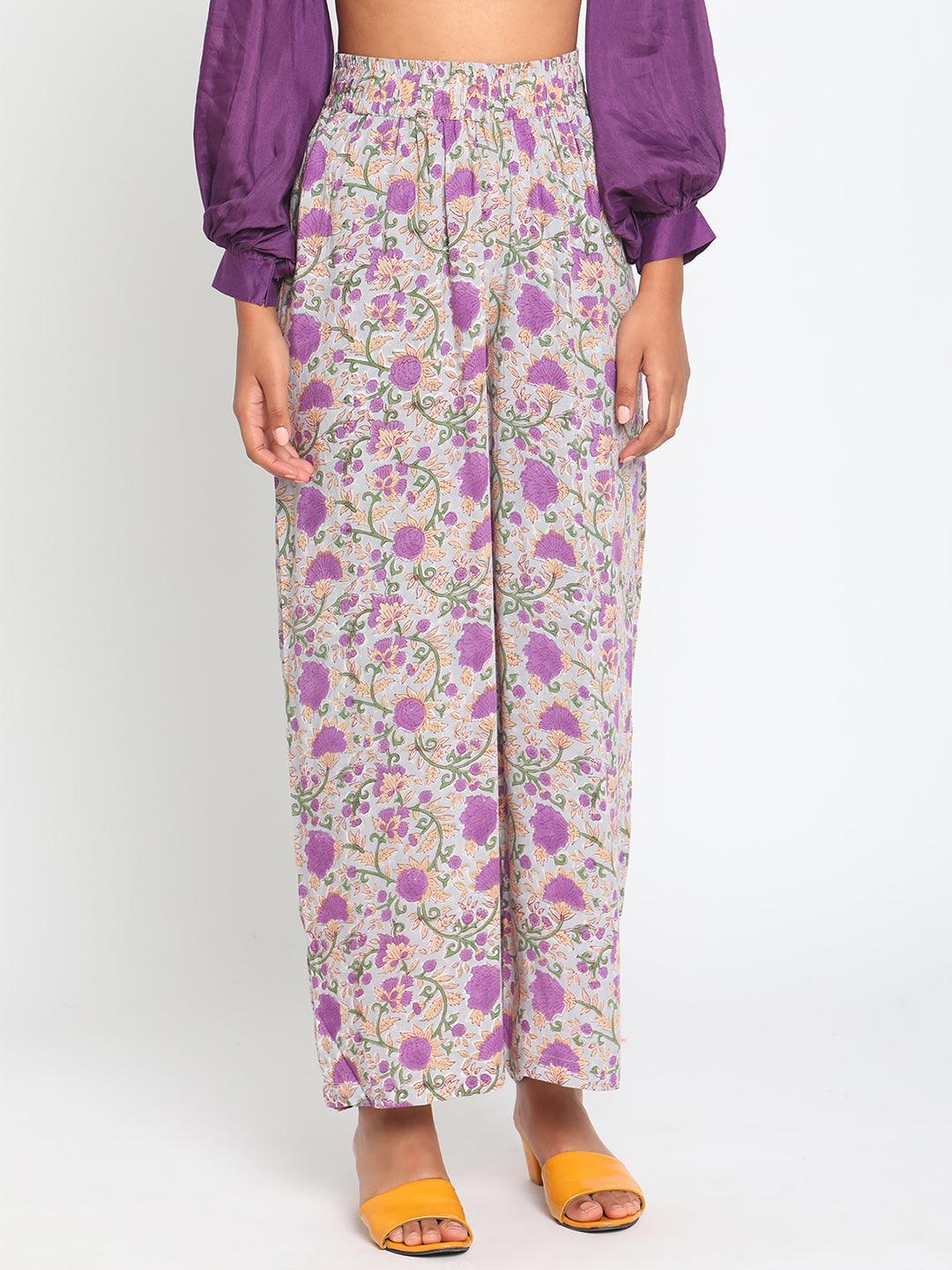 Purple Hand Block Printed High Waist Pant - trueBrowns