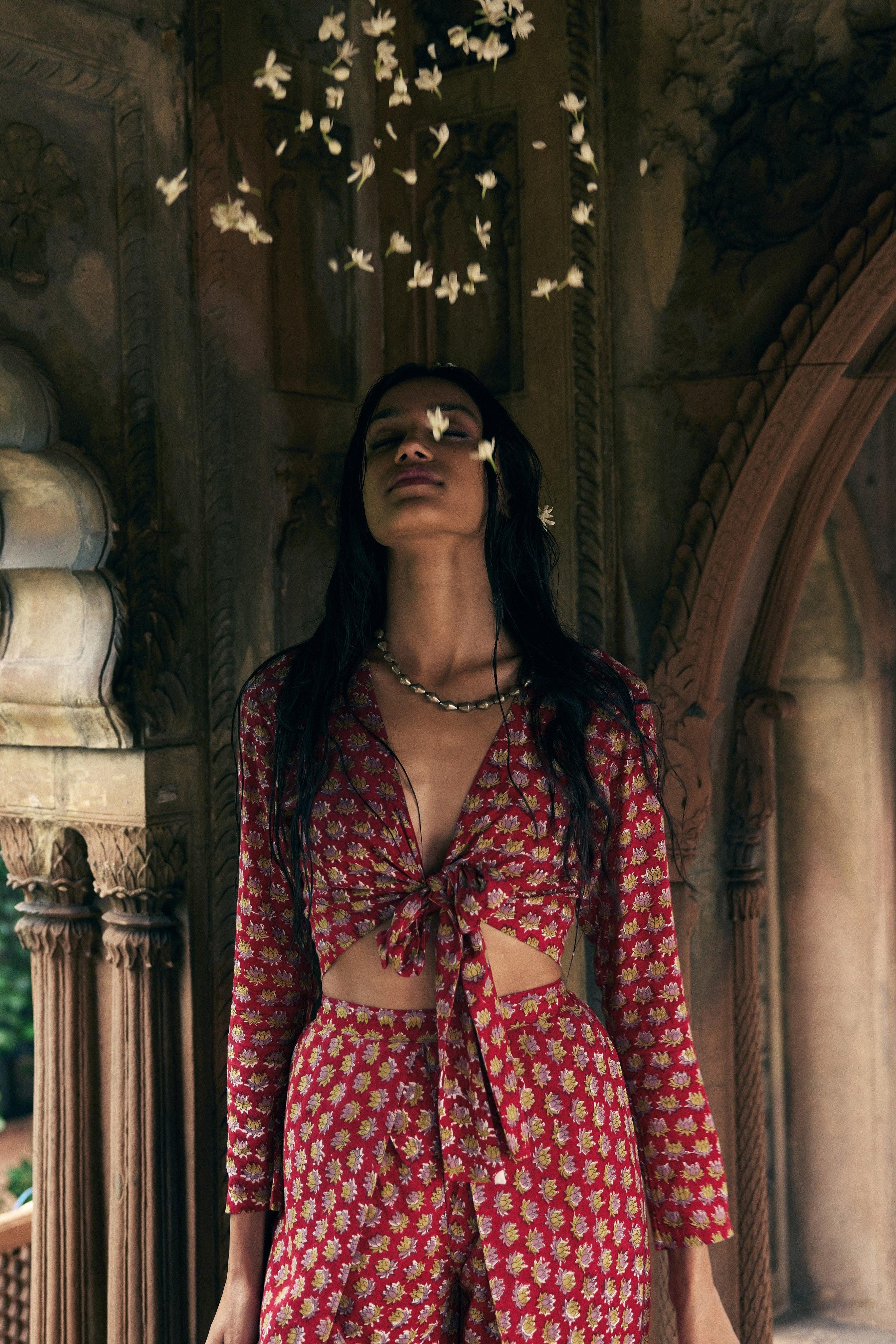 Red Hand Block Printed Tie Up Silk Blouse - trueBrowns