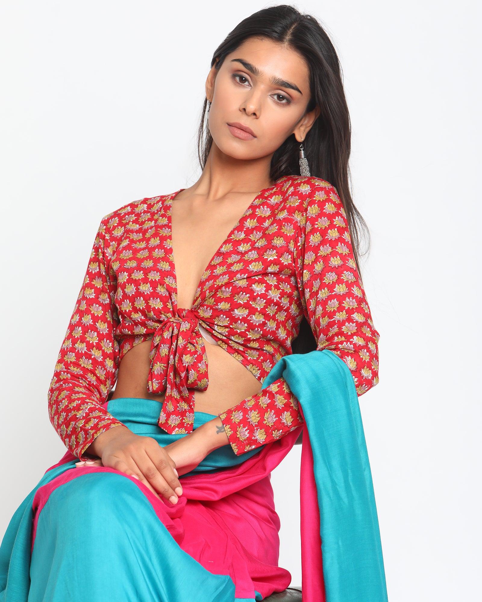 Red Hand Block Printed Tie Up Silk Blouse - trueBrowns
