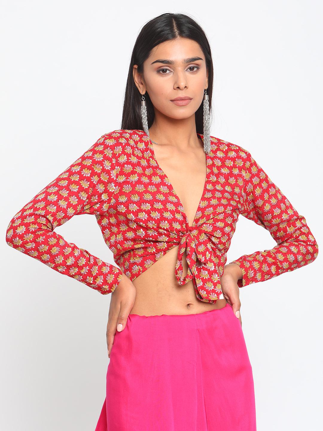 Red Hand Block Printed Tie Up Silk Blouse - trueBrowns