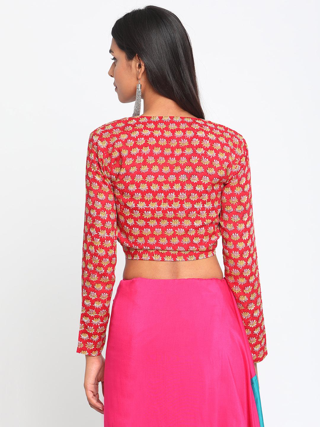 Red Hand Block Printed Tie Up Silk Blouse - trueBrowns