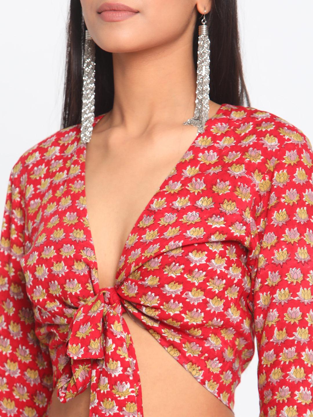 Red Hand Block Printed Tie Up Silk Blouse - trueBrowns