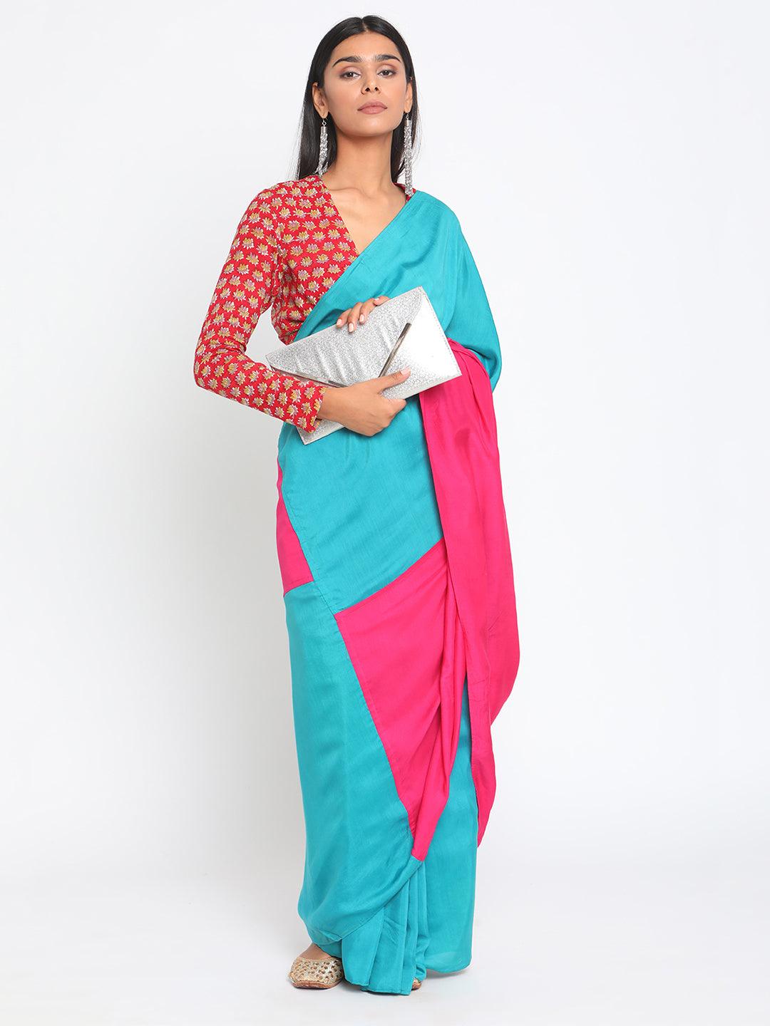 Red Hand Block Printed Tie Up Silk Blouse - trueBrowns