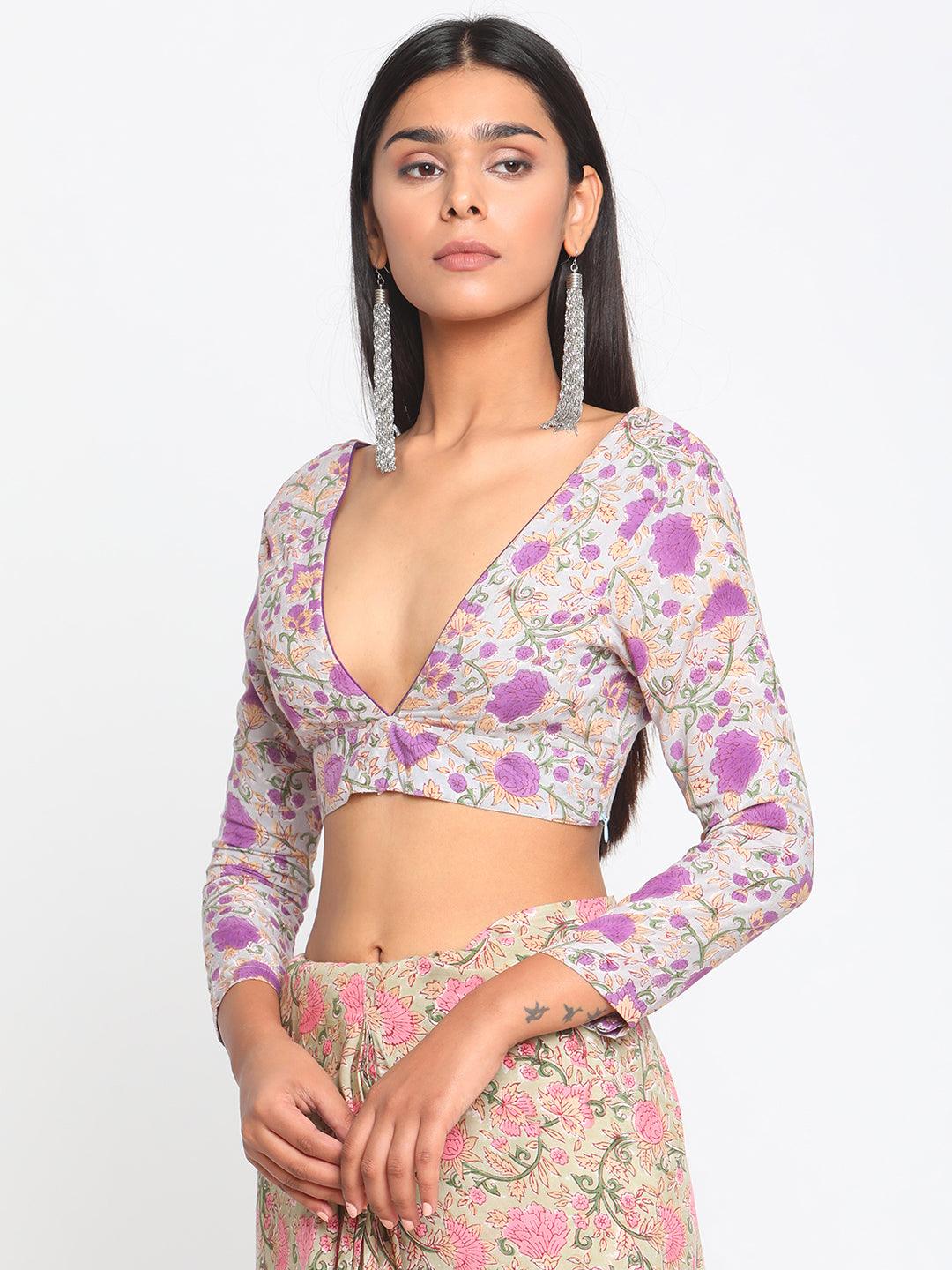 Purple Hand Block Printed Silk Blouse - trueBrowns