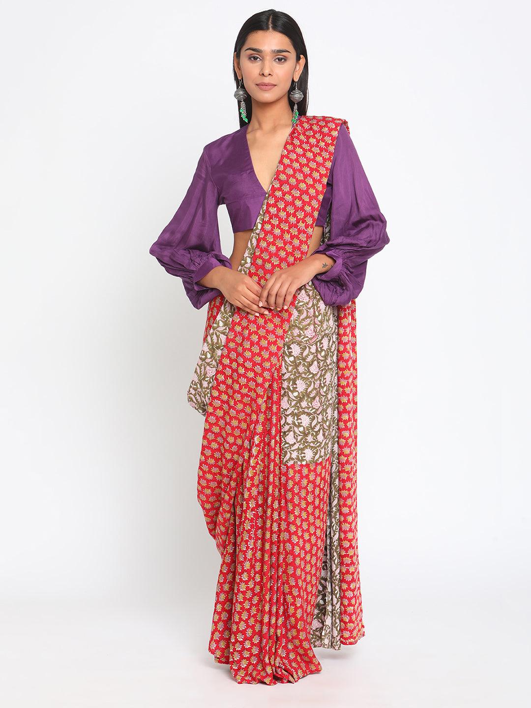 Red Olive Green Hand Block Printed Ready Pleated Silk Saree - trueBrowns