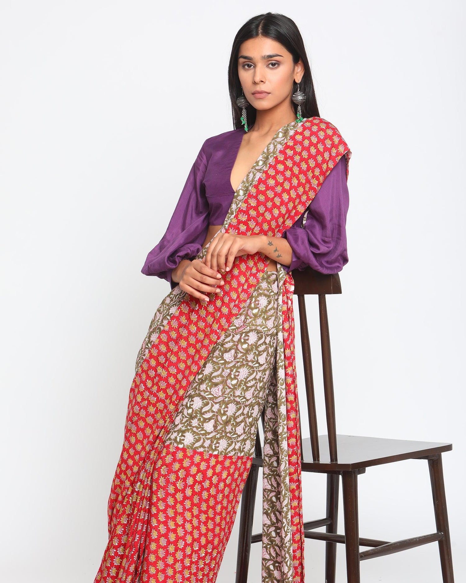 Red Olive Green Hand Block Printed Ready Pleated Silk Saree - trueBrowns