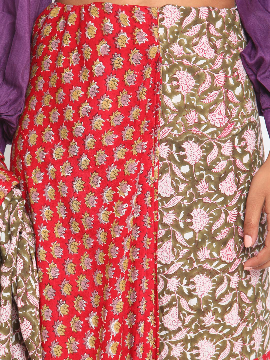 Red Olive Green Hand Block Printed Ready Pleated Silk Saree - trueBrowns