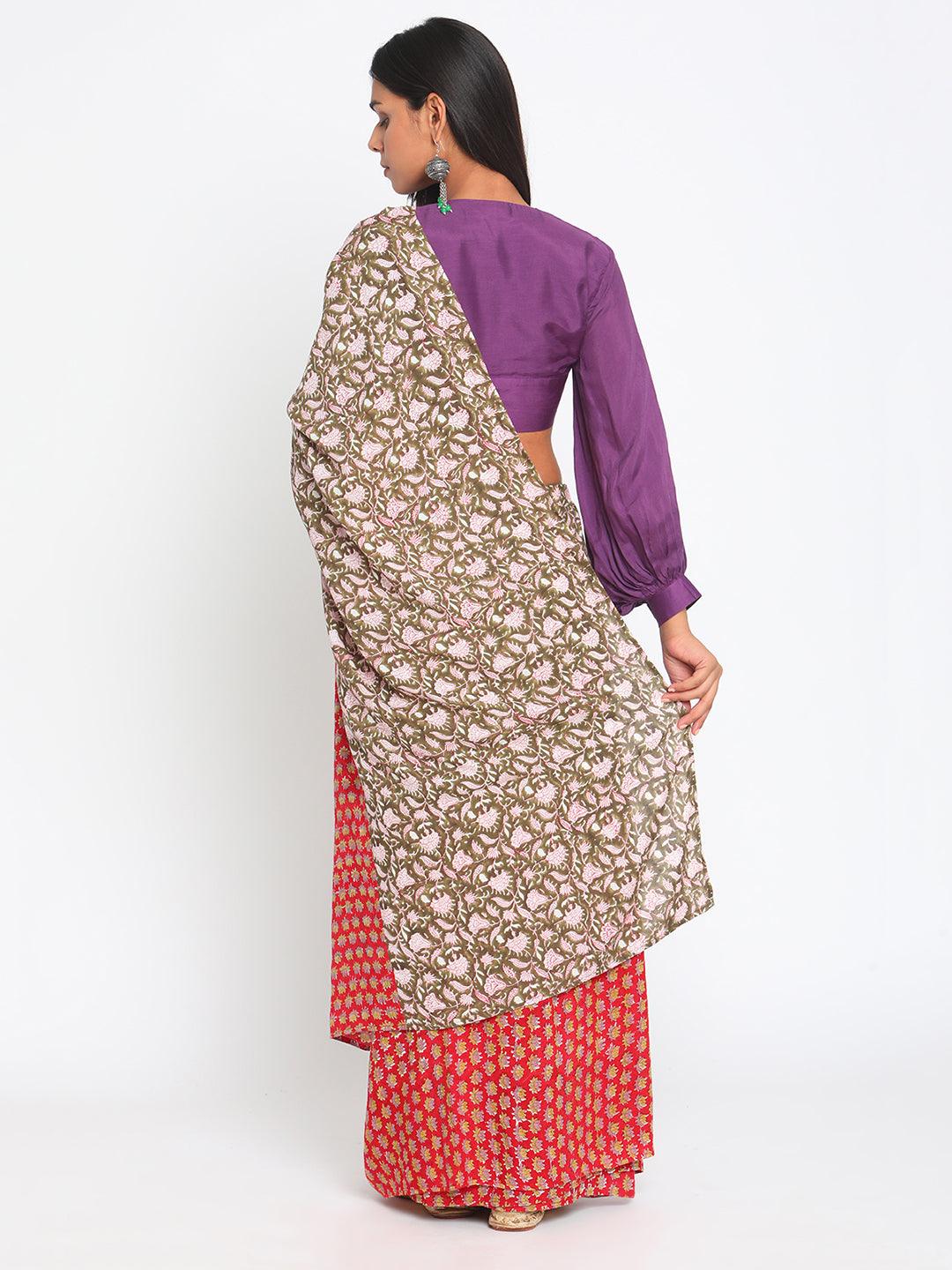 Red Olive Green Hand Block Printed Ready Pleated Silk Saree - trueBrowns