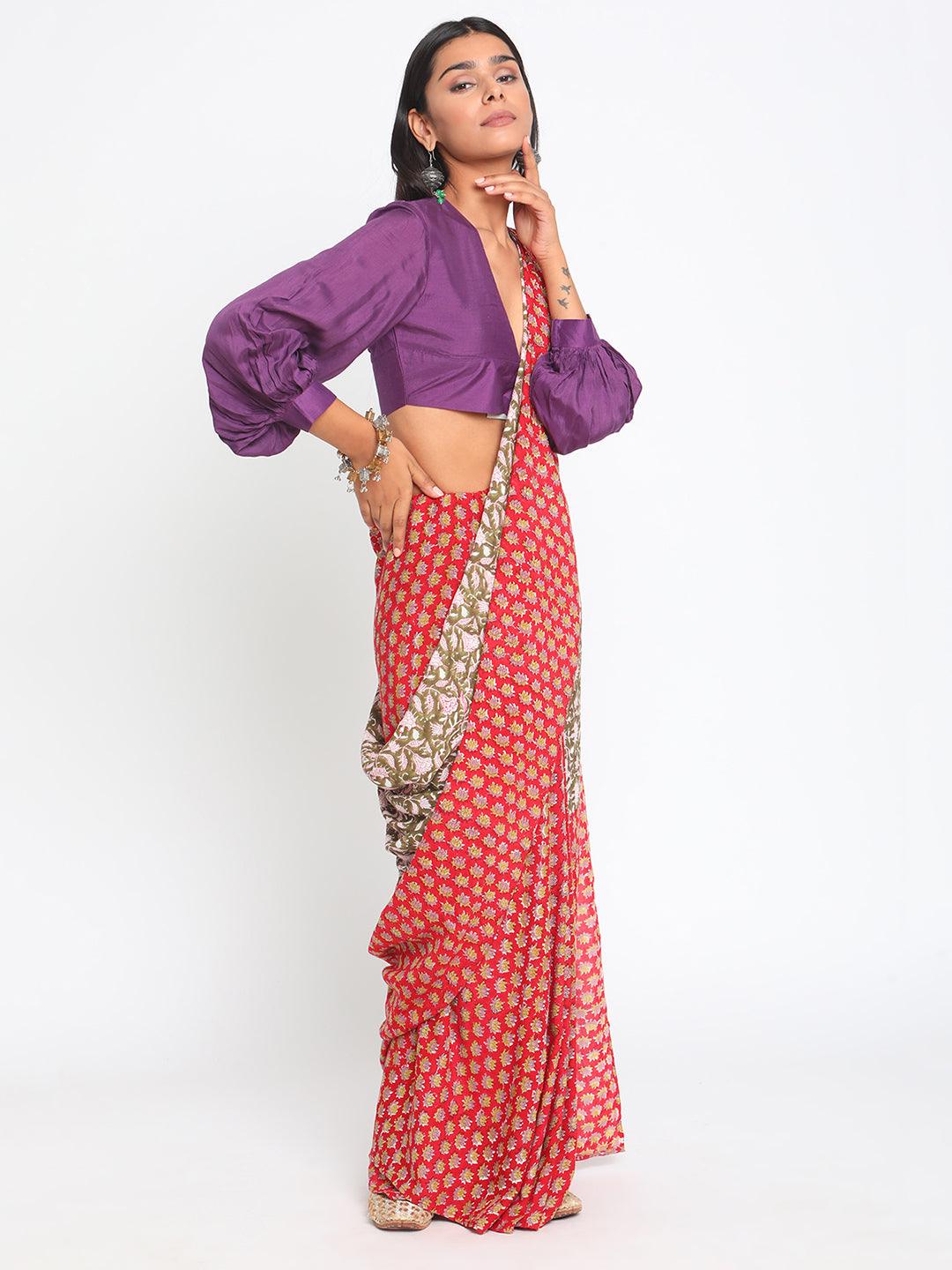 Red Olive Green Hand Block Printed Ready Pleated Silk Saree - trueBrowns