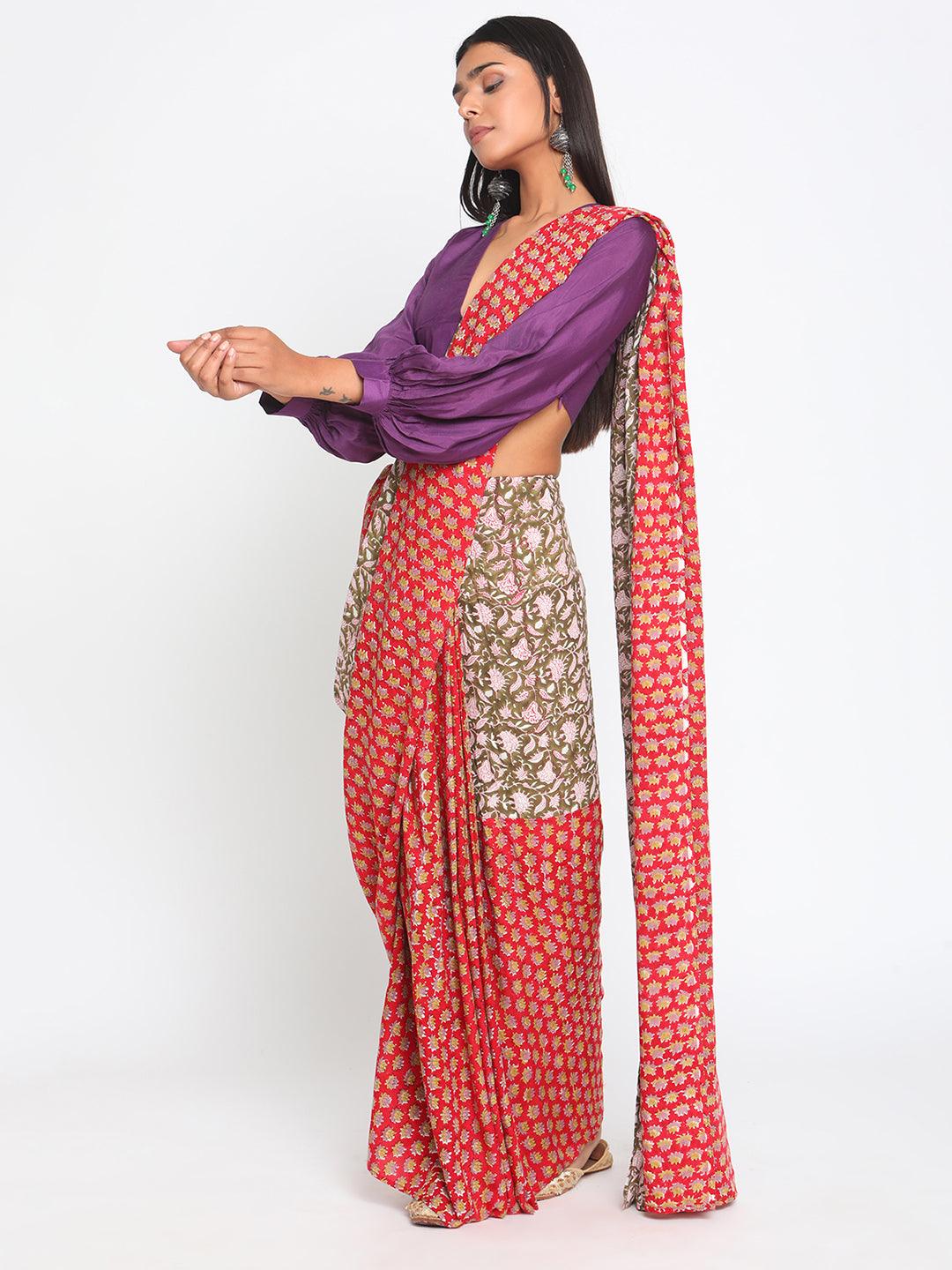 Red Olive Green Hand Block Printed Ready Pleated Silk Saree - trueBrowns