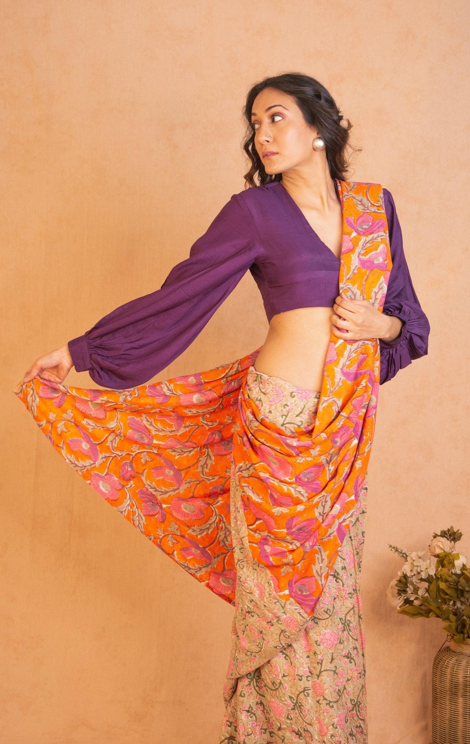 Orange Green Hand Block Printed Ready Pleated Silk Saree - trueBrowns