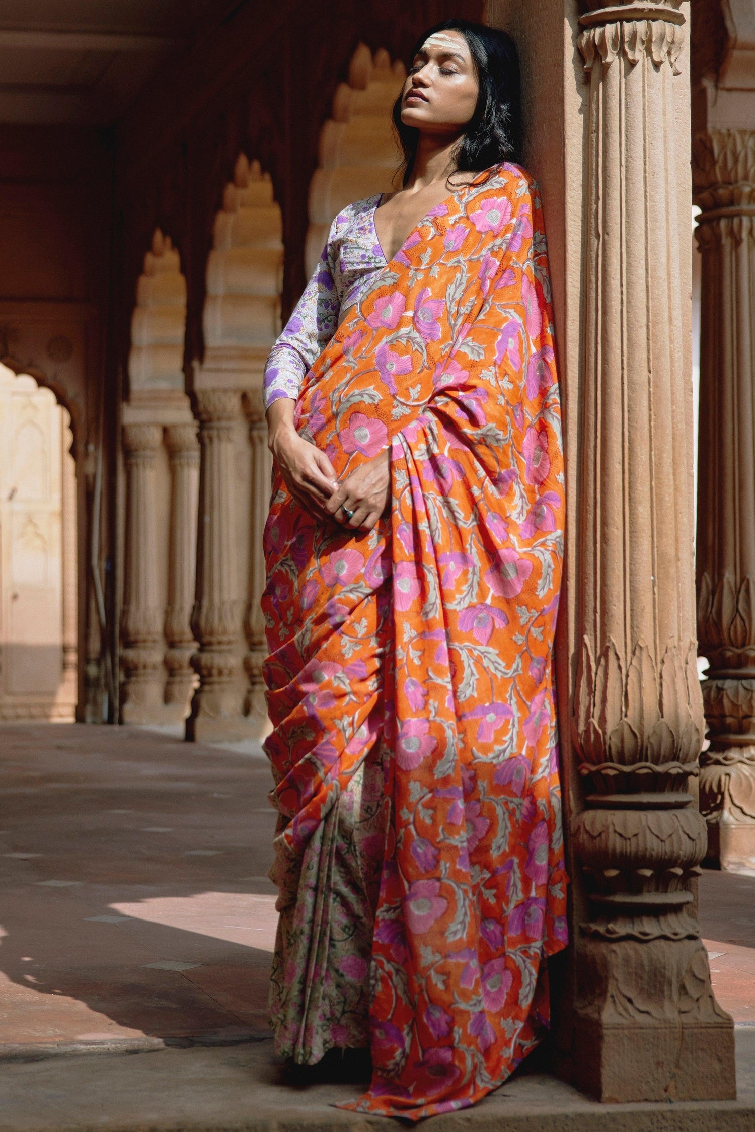 Orange Green Hand Block Printed Ready Pleated Silk Saree - trueBrowns