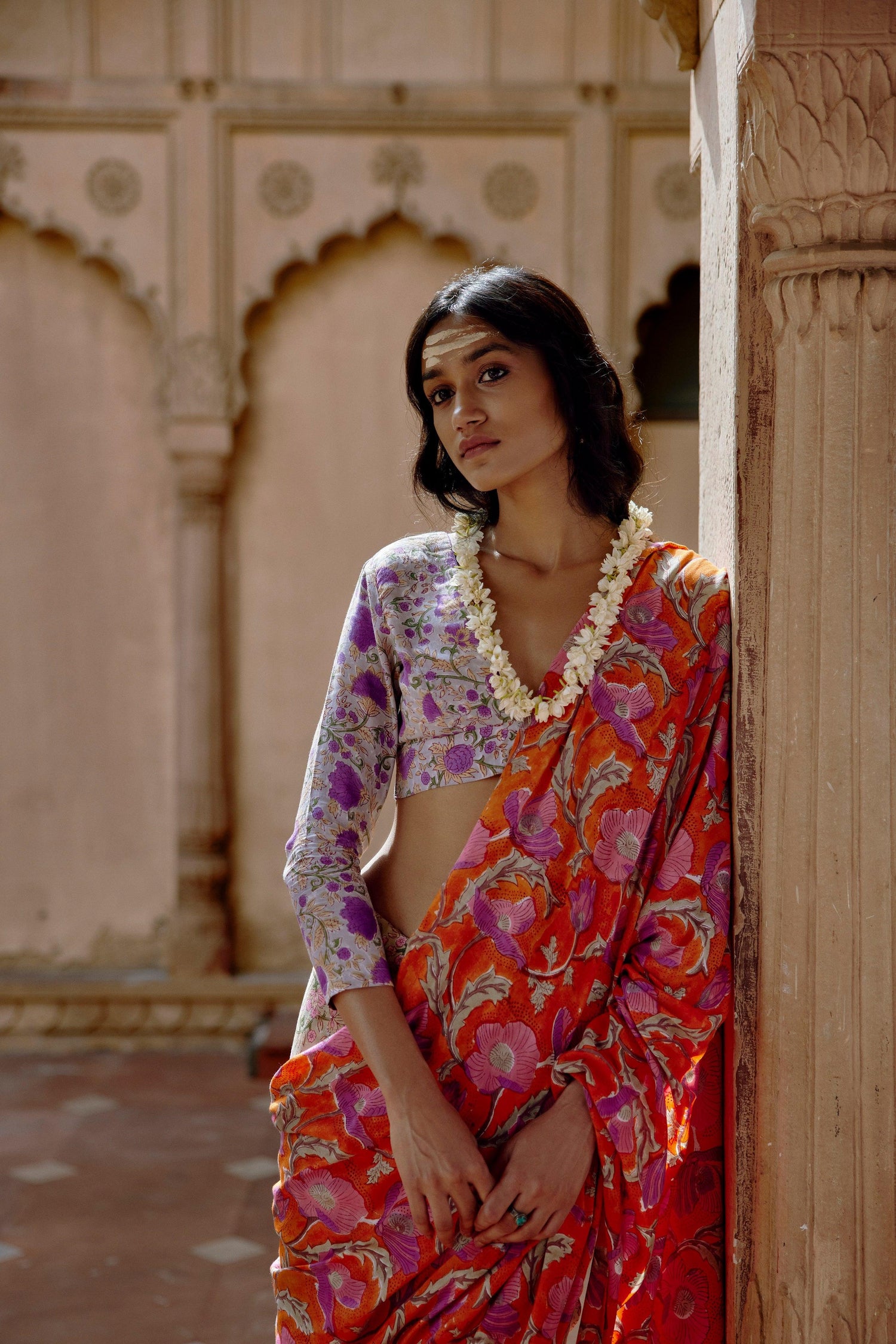 Orange Green Hand Block Printed Ready Pleated Silk Saree - trueBrowns