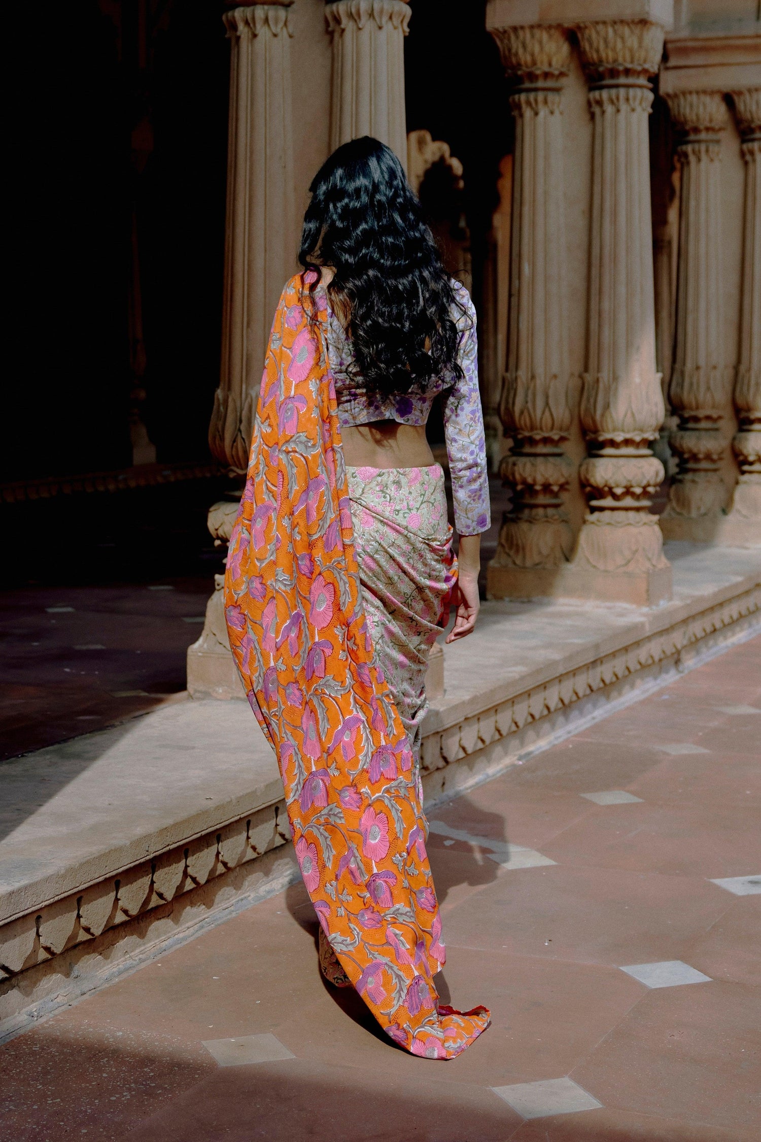 Orange Green Hand Block Printed Ready Pleated Silk Saree - trueBrowns