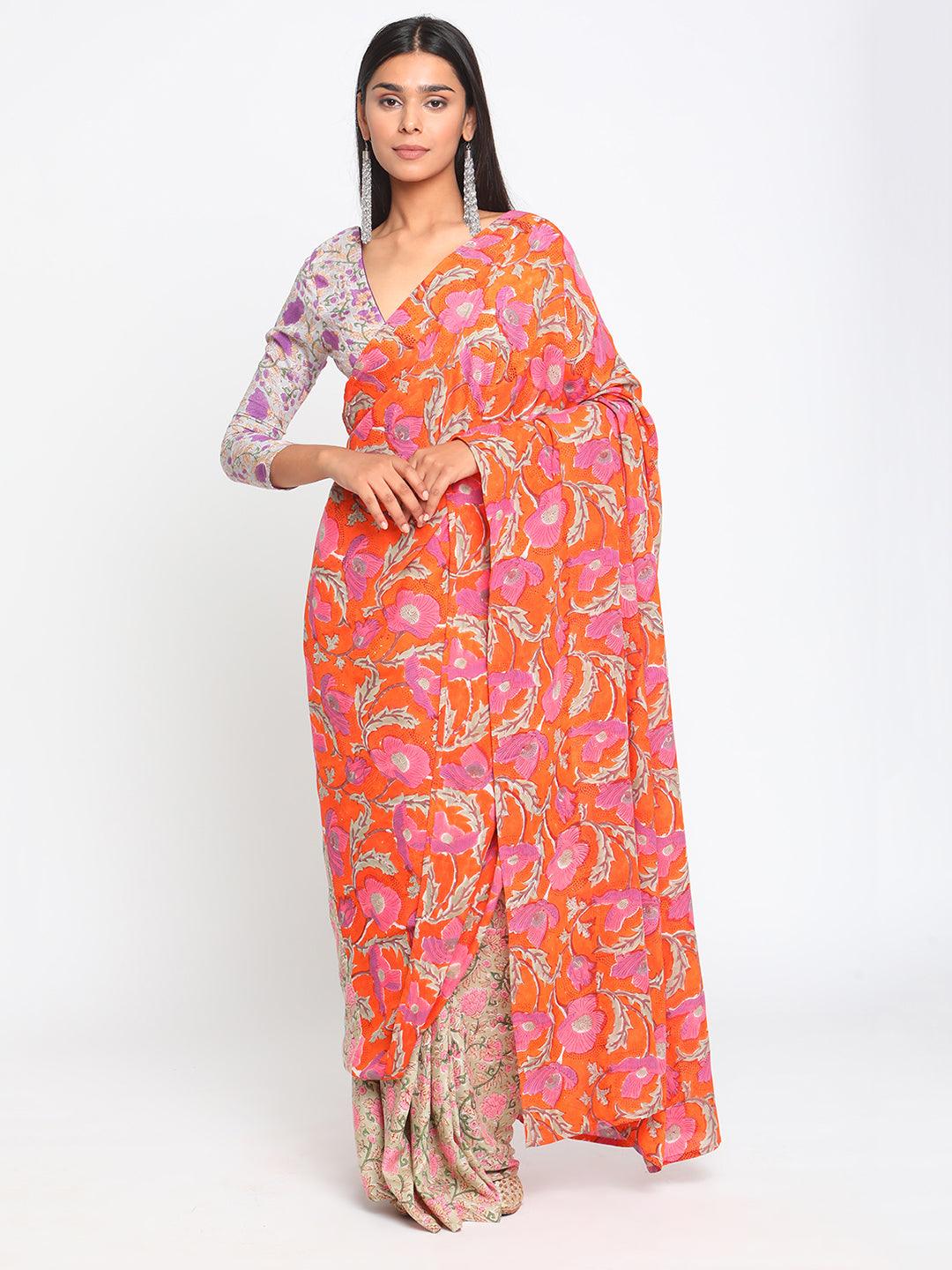 Orange Green Hand Block Printed Ready Pleated Silk Saree - trueBrowns