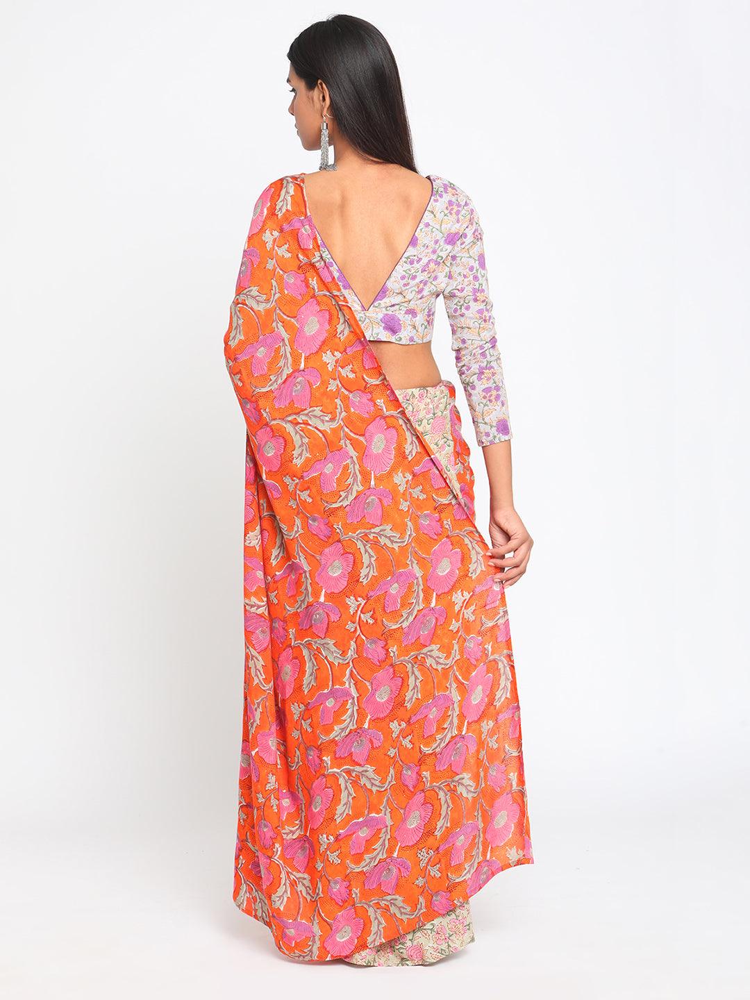 Orange Green Hand Block Printed Ready Pleated Silk Saree - trueBrowns