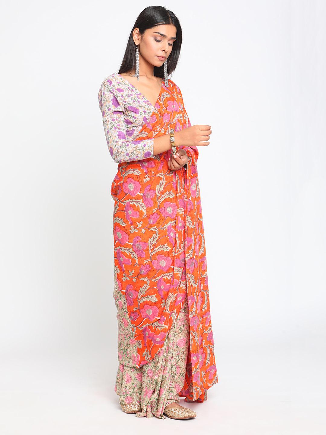 Orange Green Hand Block Printed Ready Pleated Silk Saree - trueBrowns