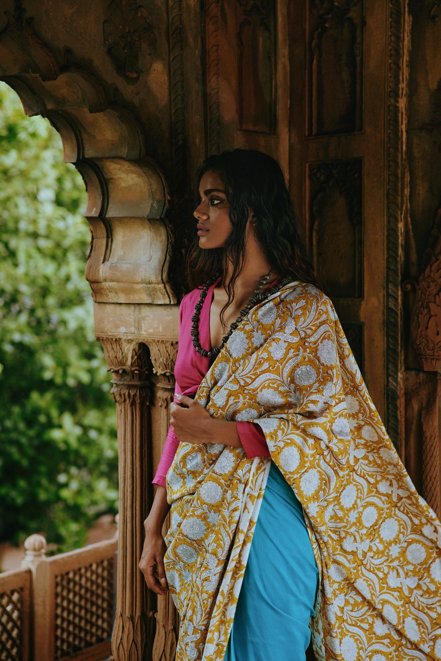 Aqua Yellow Hand Block Printed Ready Pleated Silk Saree - trueBrowns