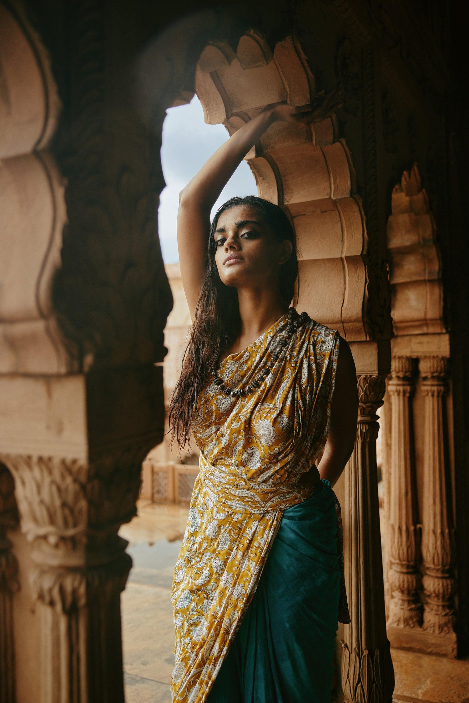 Aqua Yellow Hand Block Printed Ready Pleated Silk Saree - trueBrowns