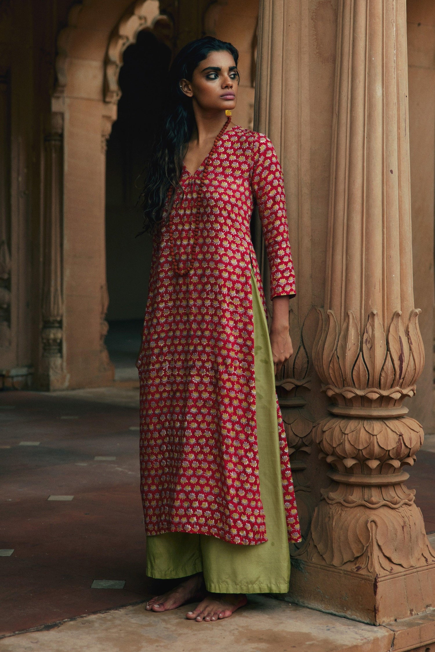 Red Hand Block Printed Slit Silk Kurta Palazzo Set - trueBrowns