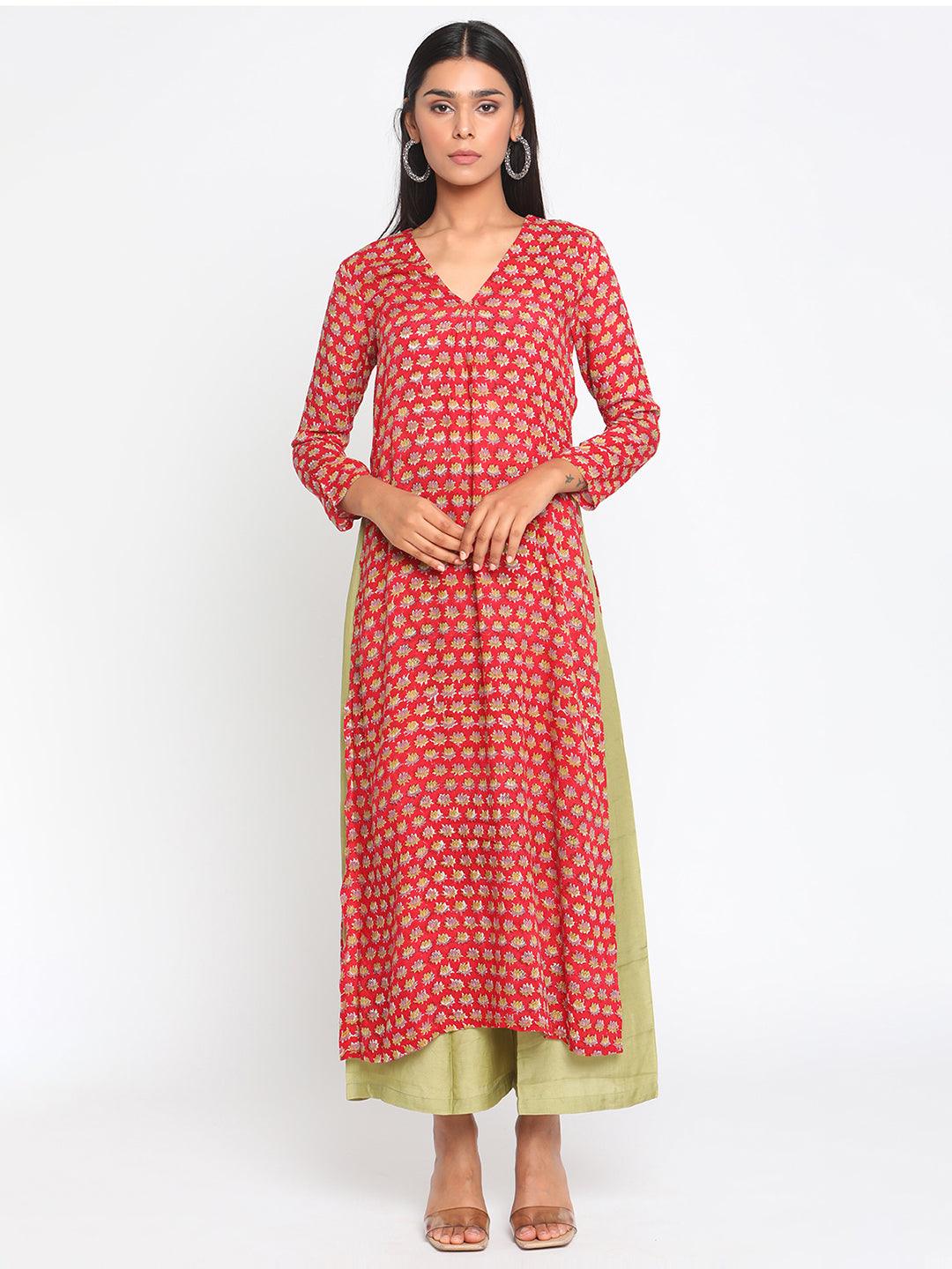 Red Hand Block Printed Slit Silk Kurta Palazzo Set - trueBrowns