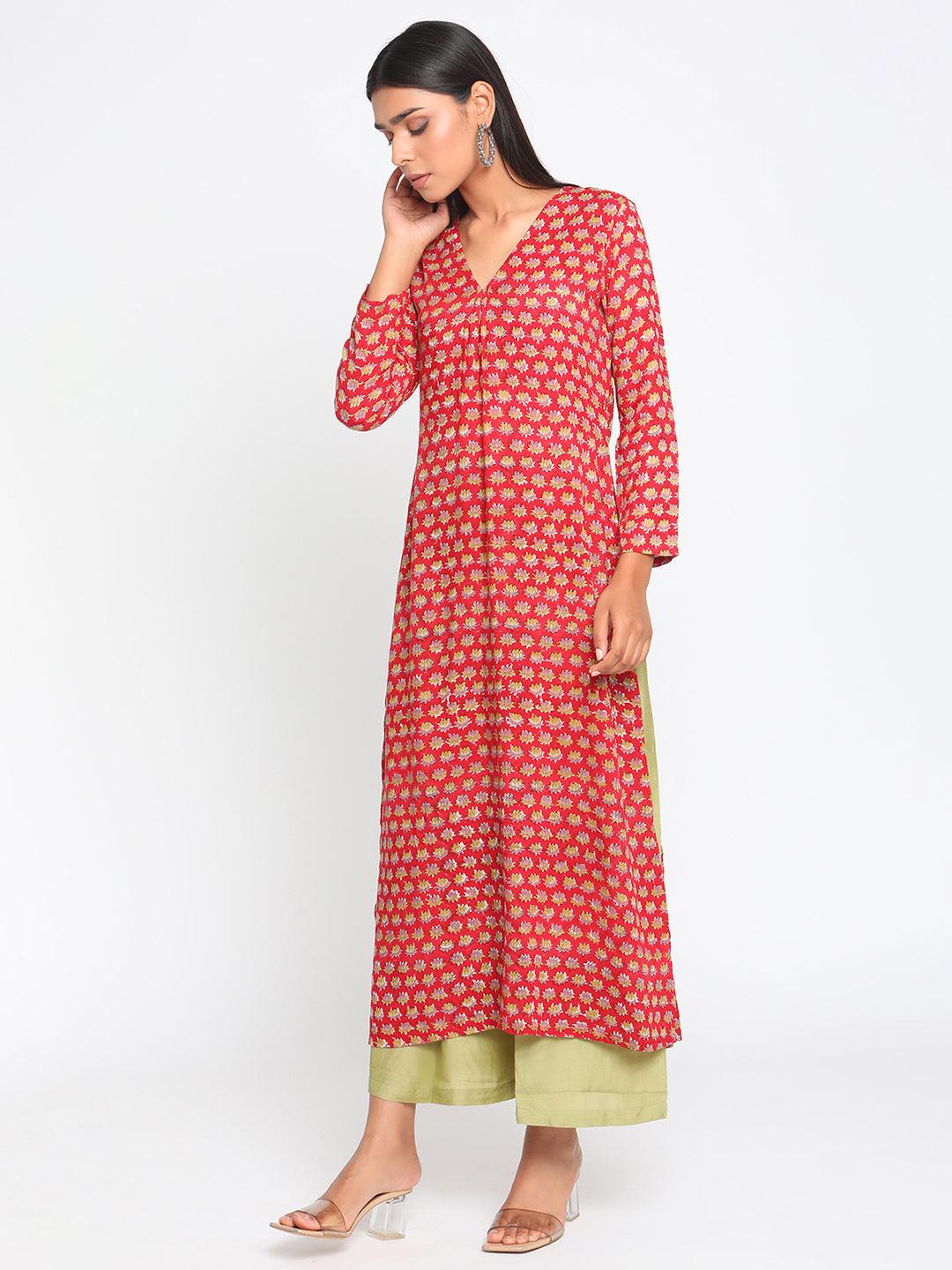 Red Hand Block Printed Slit Silk Kurta Palazzo Set - trueBrowns