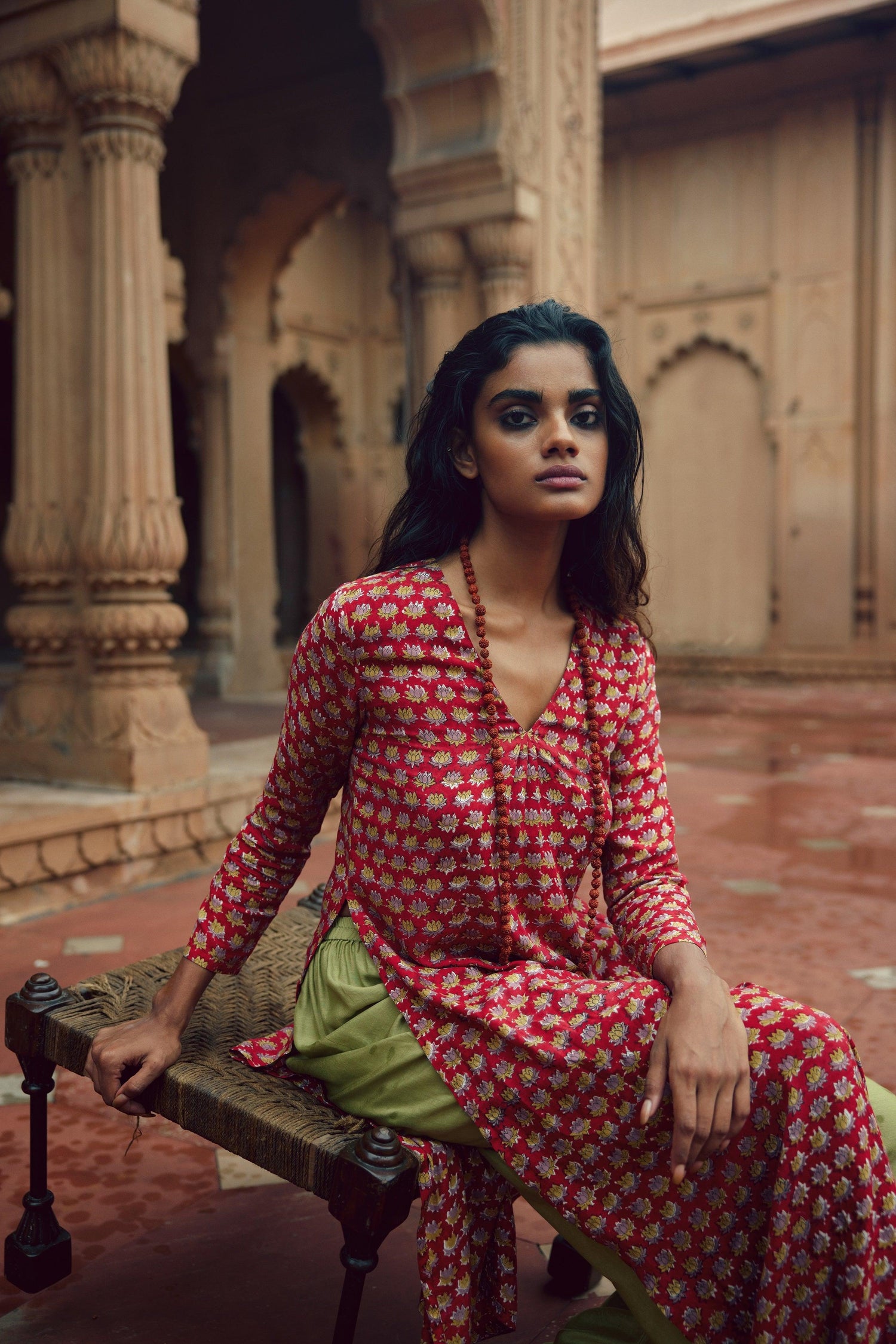 Red Hand Block Printed Slit Silk Kurta Palazzo Set - trueBrowns