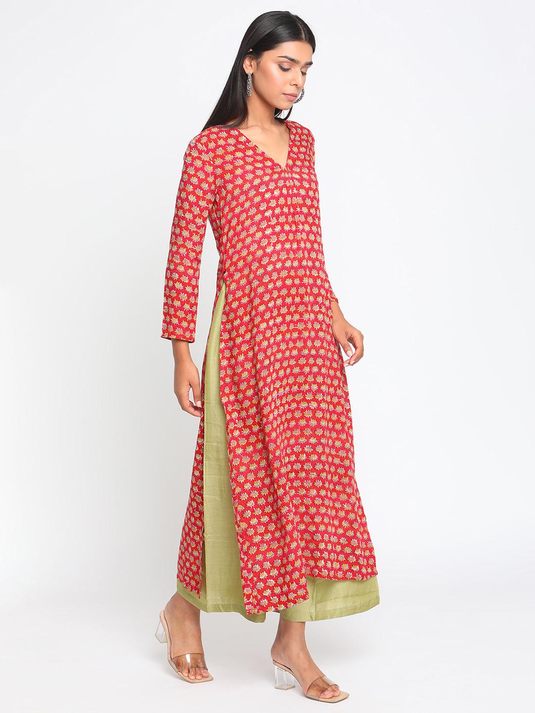 Red Hand Block Printed Slit Silk Kurta Palazzo Set - trueBrowns