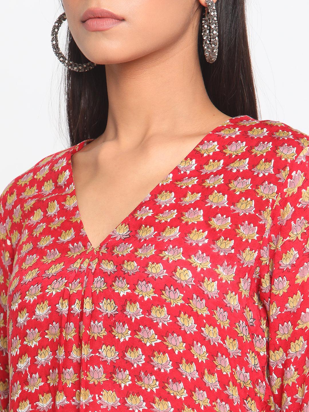 Red Hand Block Printed Slit Silk Kurta Palazzo Set - trueBrowns