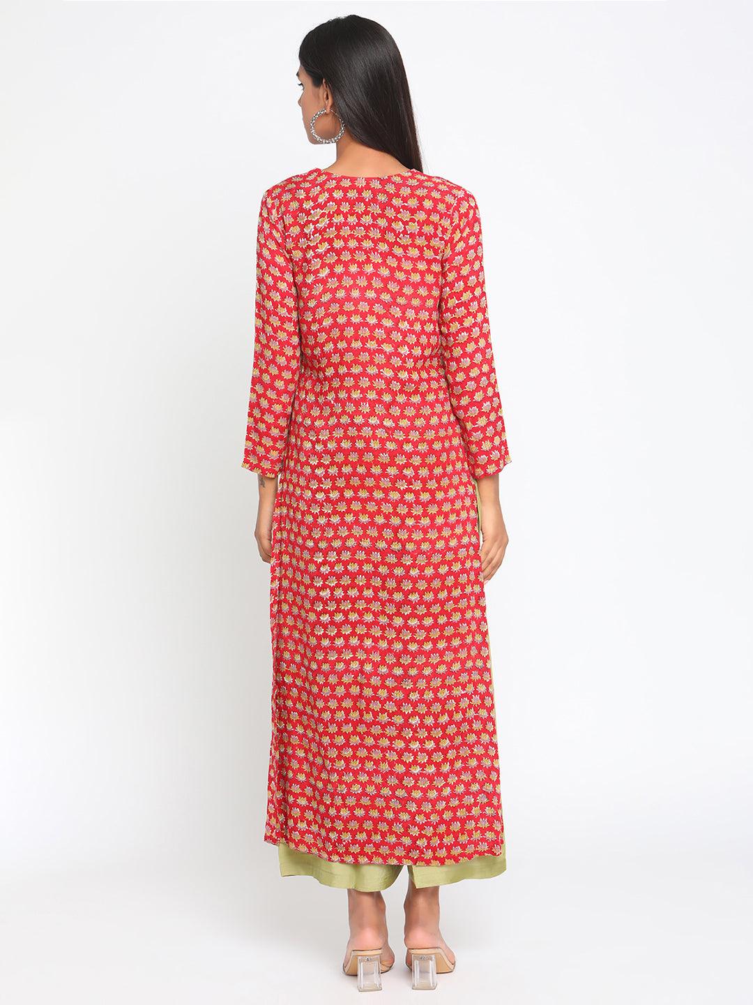 Red Hand Block Printed Slit Silk Kurta Palazzo Set - trueBrowns