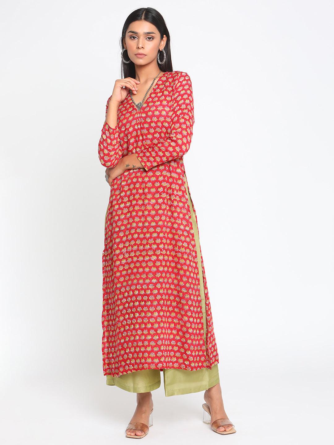 Red Hand Block Printed Slit Silk Kurta Palazzo Set - trueBrowns