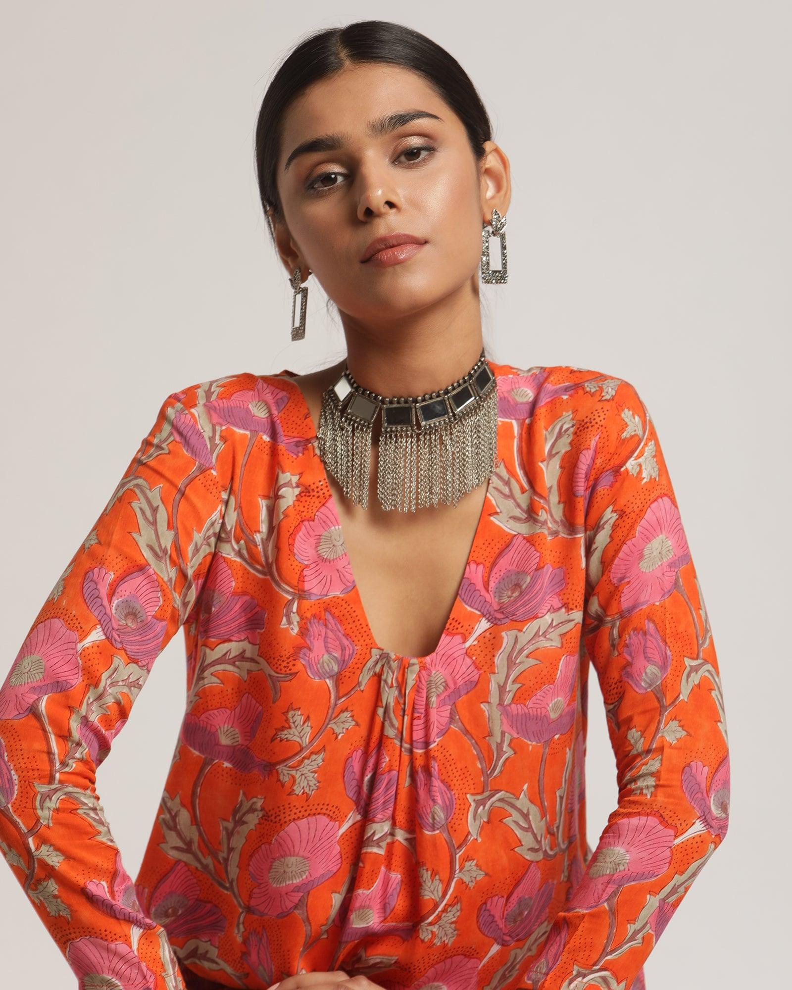 Orange Hand Block Printed Slit Silk Kurta Pant Set - trueBrowns