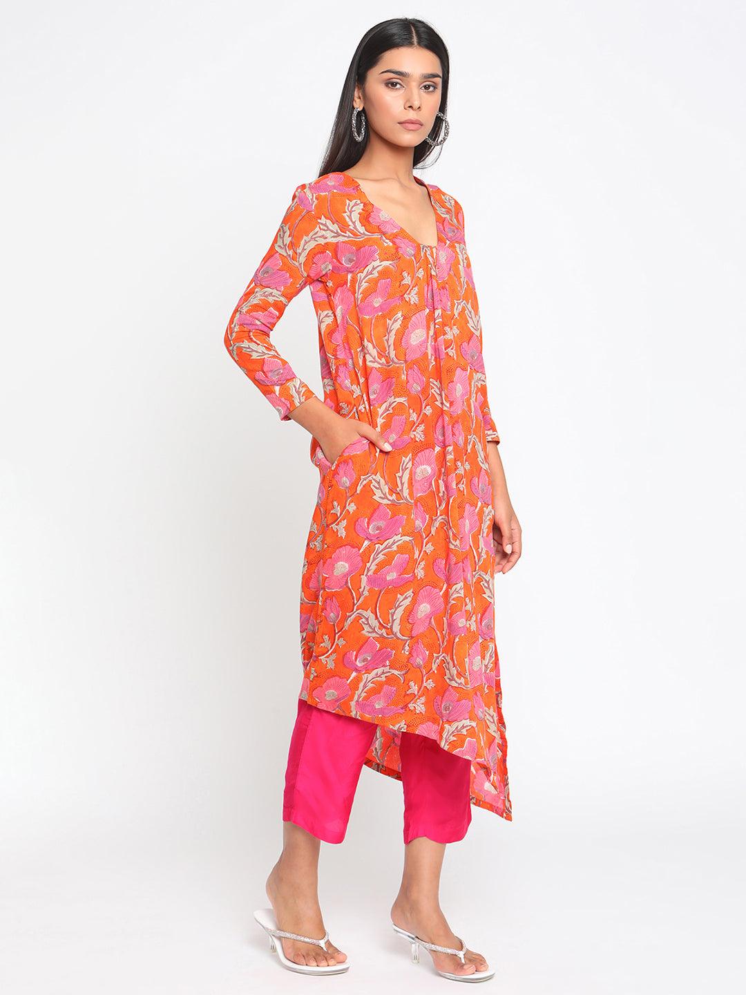 Orange Hand Block Printed Slit Silk Kurta Pant Set - trueBrowns