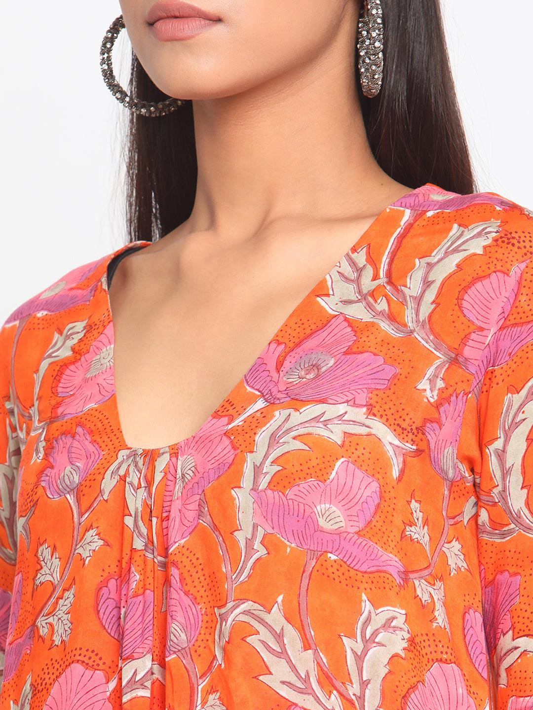 Orange Hand Block Printed Slit Silk Kurta Pant Set - trueBrowns