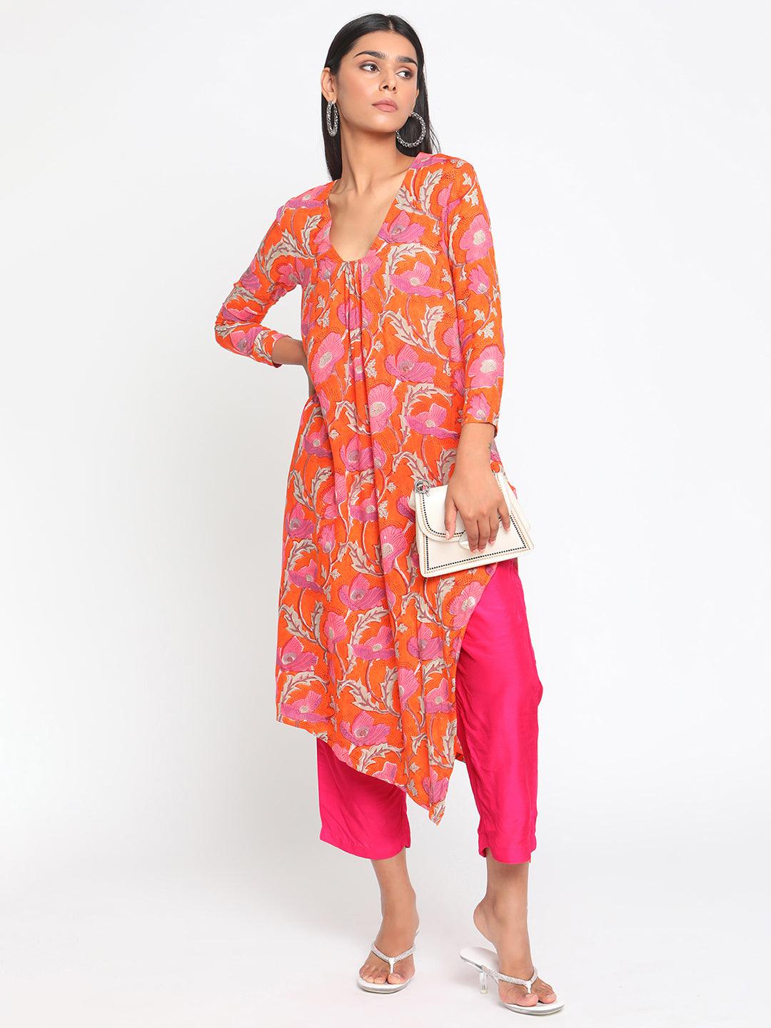 Orange Hand Block Printed Slit Silk Kurta Pant Set - trueBrowns