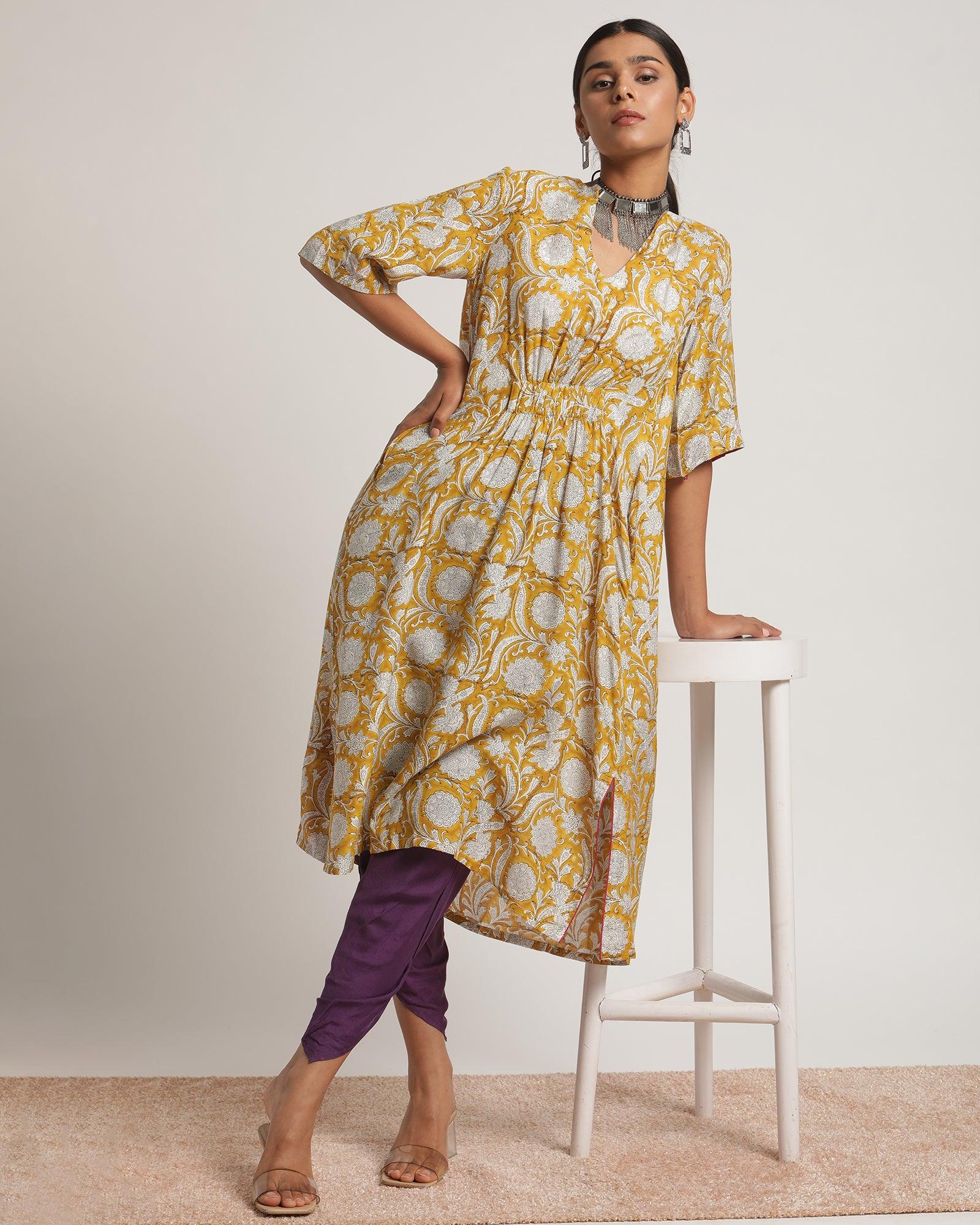 Yellow Hand Block Printed Flared Silk Kurta Dhoti Pant Set - trueBrowns
