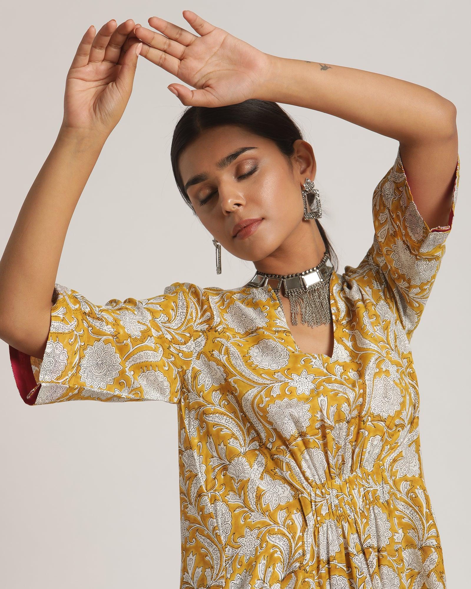 Yellow Hand Block Printed Flared Silk Kurta Dhoti Pant Set - trueBrowns